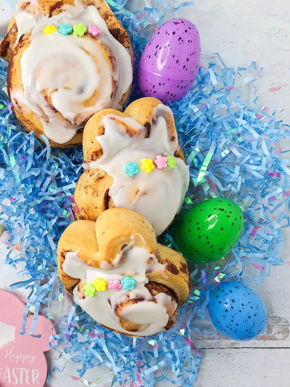 Easter bunny cinnamon rolls with icing.
