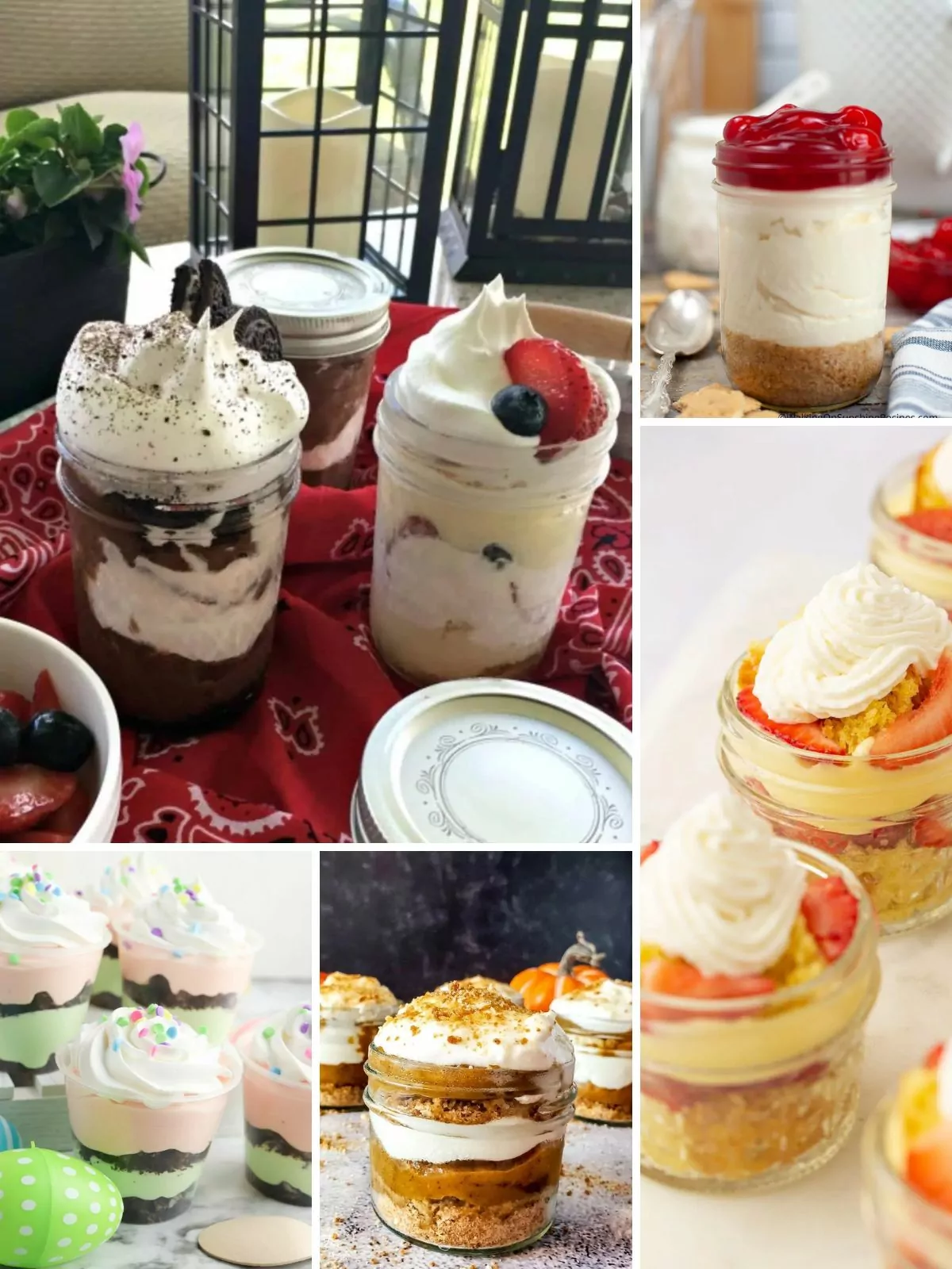 a collection of desserts made in mason jars.