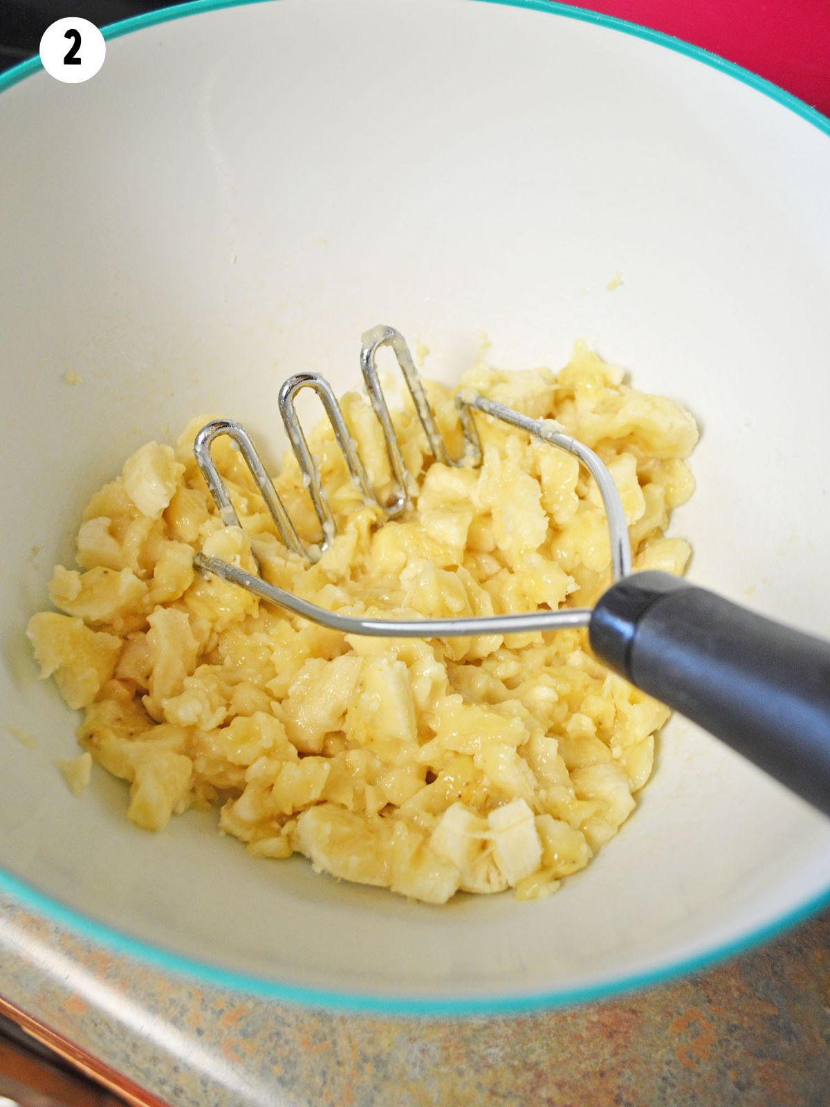 mashed bananas in bowl.