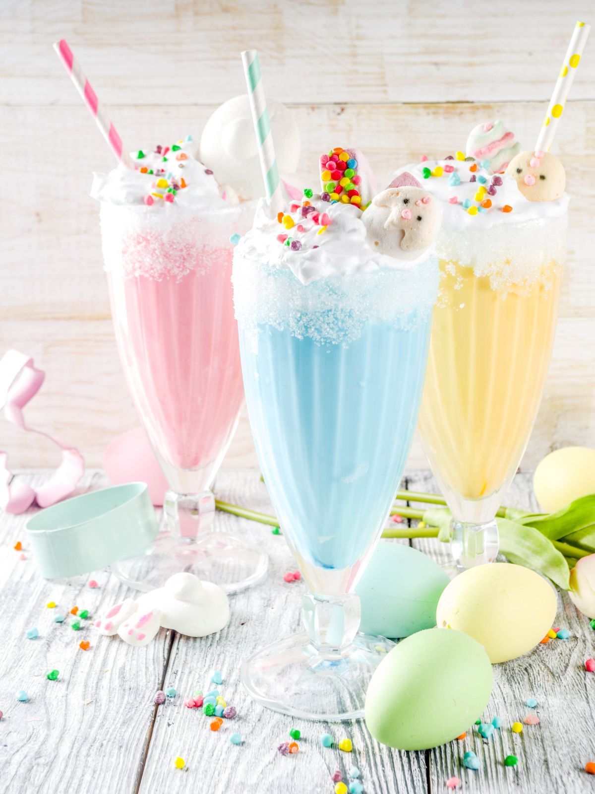 pink, blue and yellow drinks for kids.