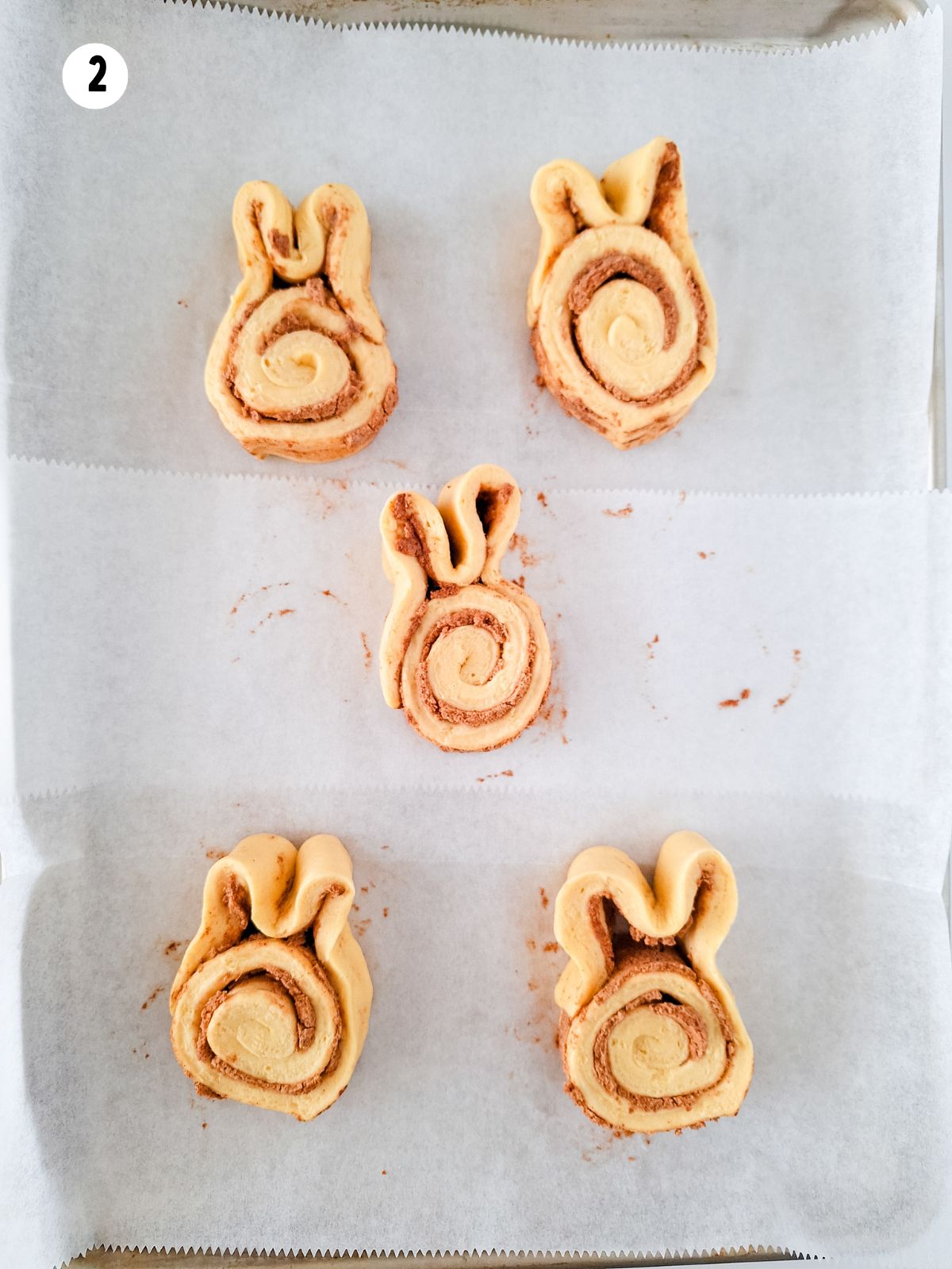 raw cinnamon rolls on baking tray lined with parchment paper.