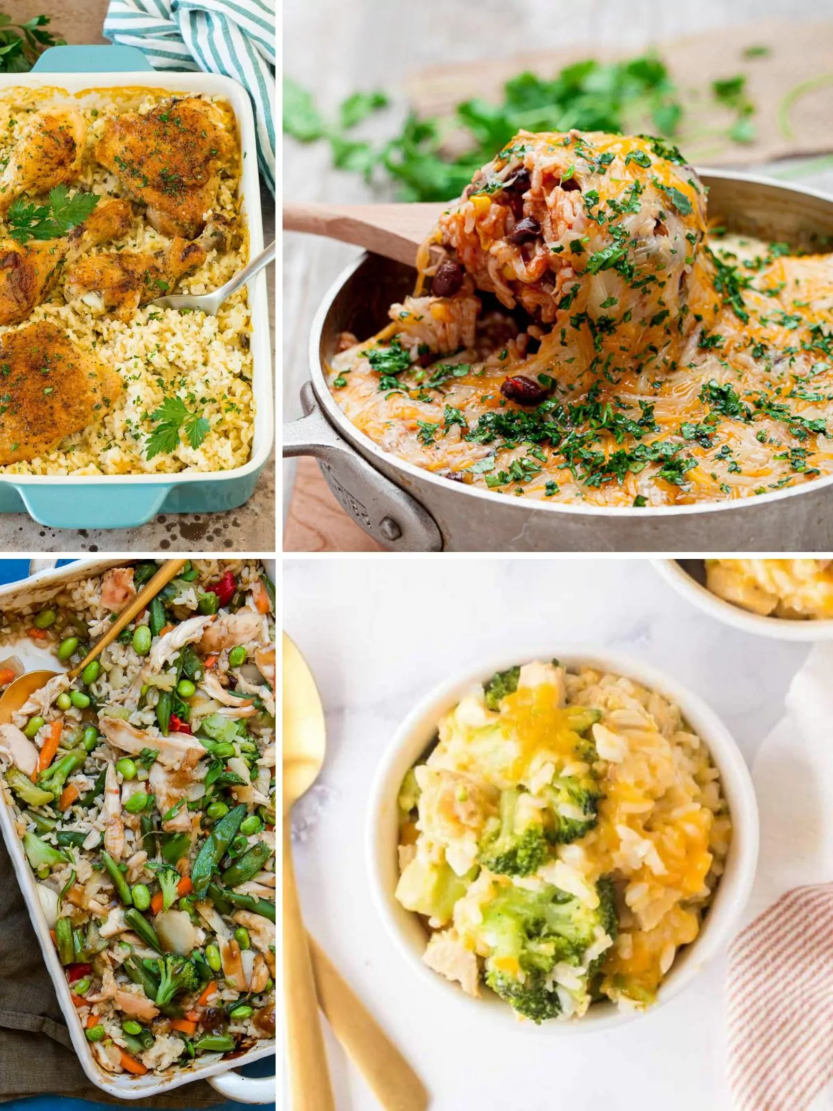 4 casserole recipes made with chicken, vegetables and rice.