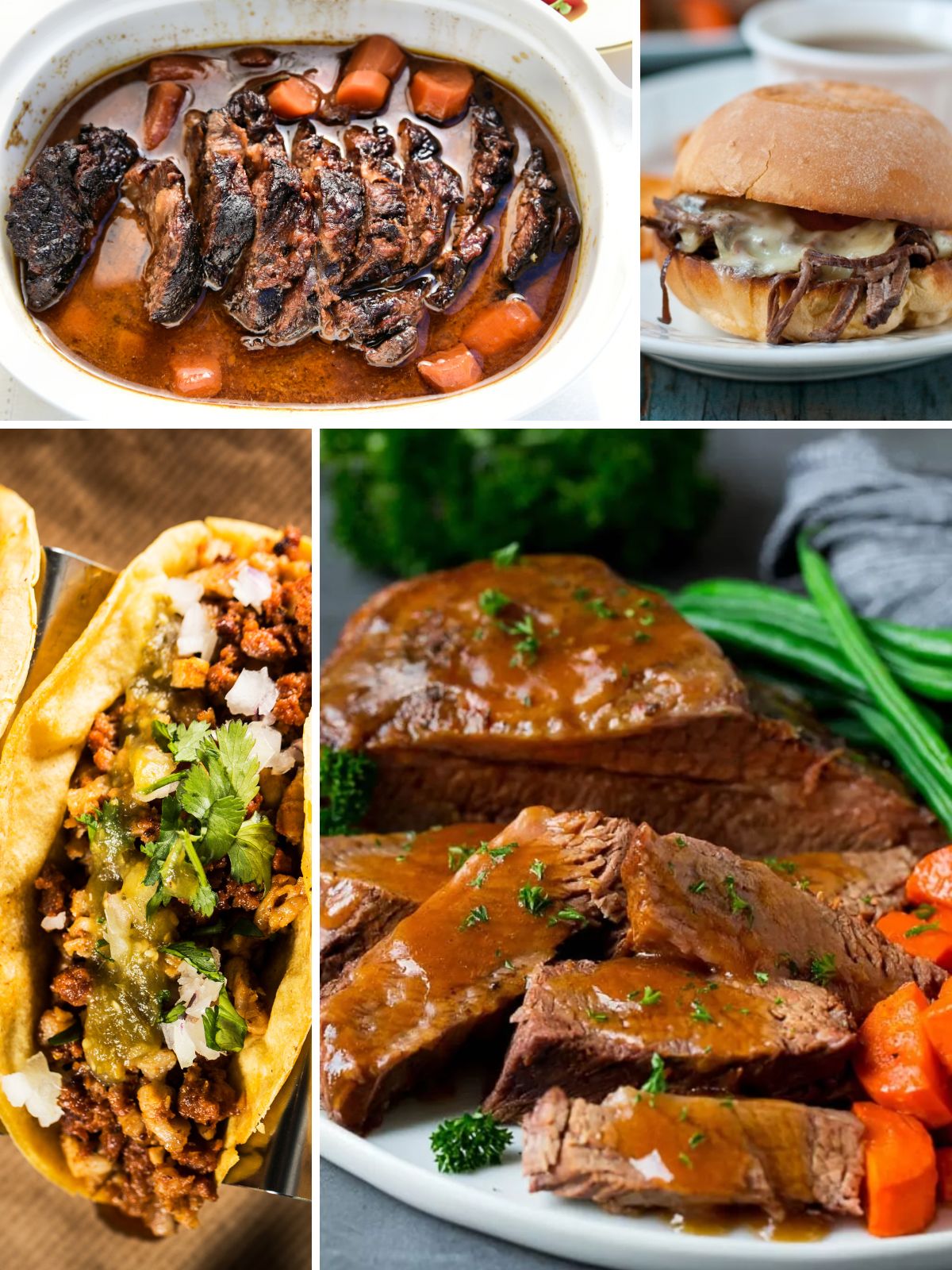 Collage of different slow cooker brisket dishes, including BBQ brisket, brisket with vegetables, and sliced brisket.