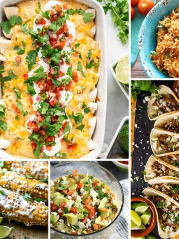 recipe collage, festive Mexican dishes featuring corn, tacos, salsa and more.