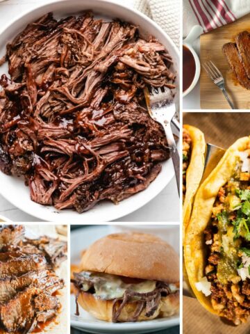 slow cooker brisket recipes plated and served as a sandwich and as tacos.