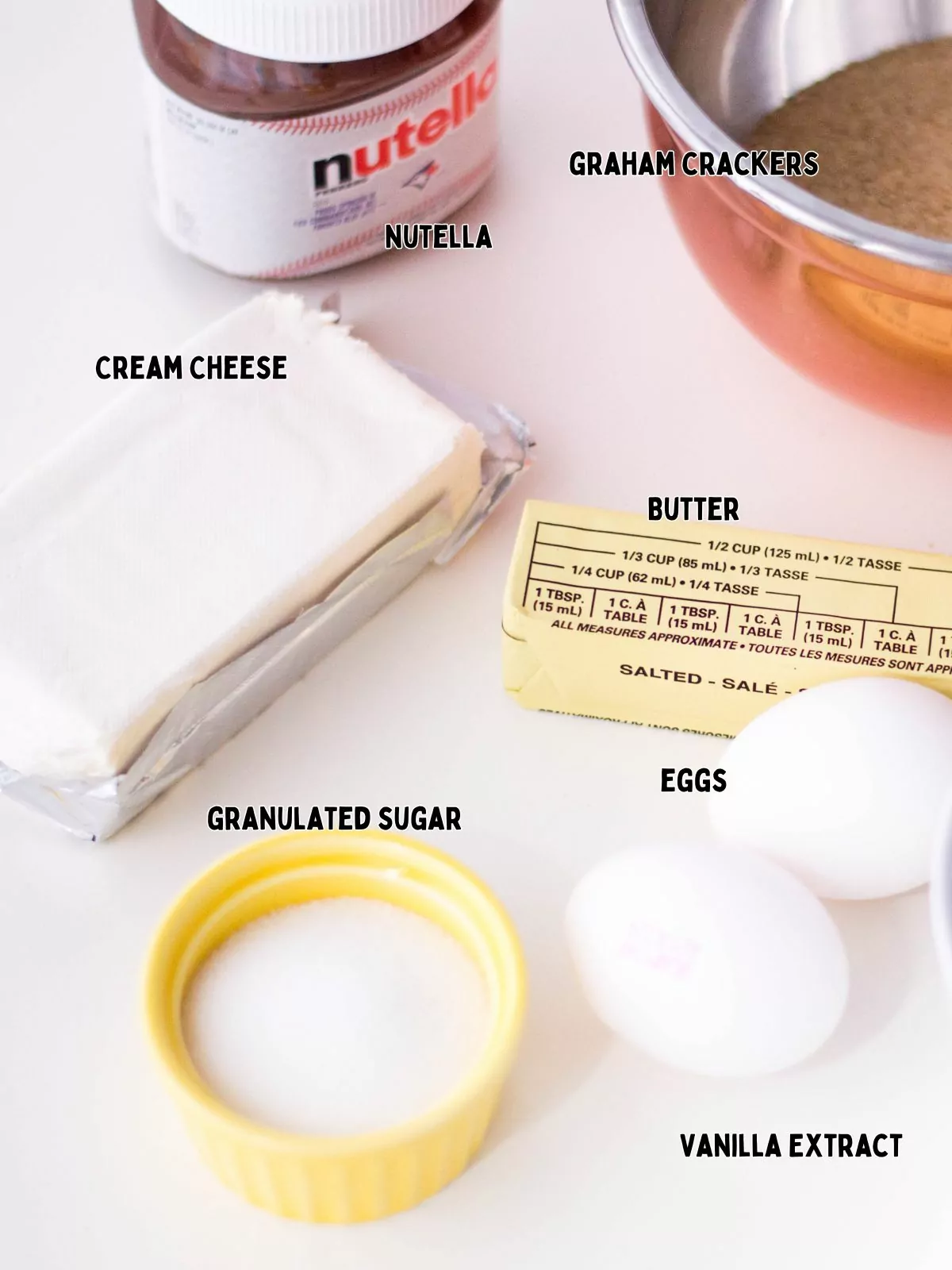 A list of ingredients to make Nutella cheesecake cupcakes.