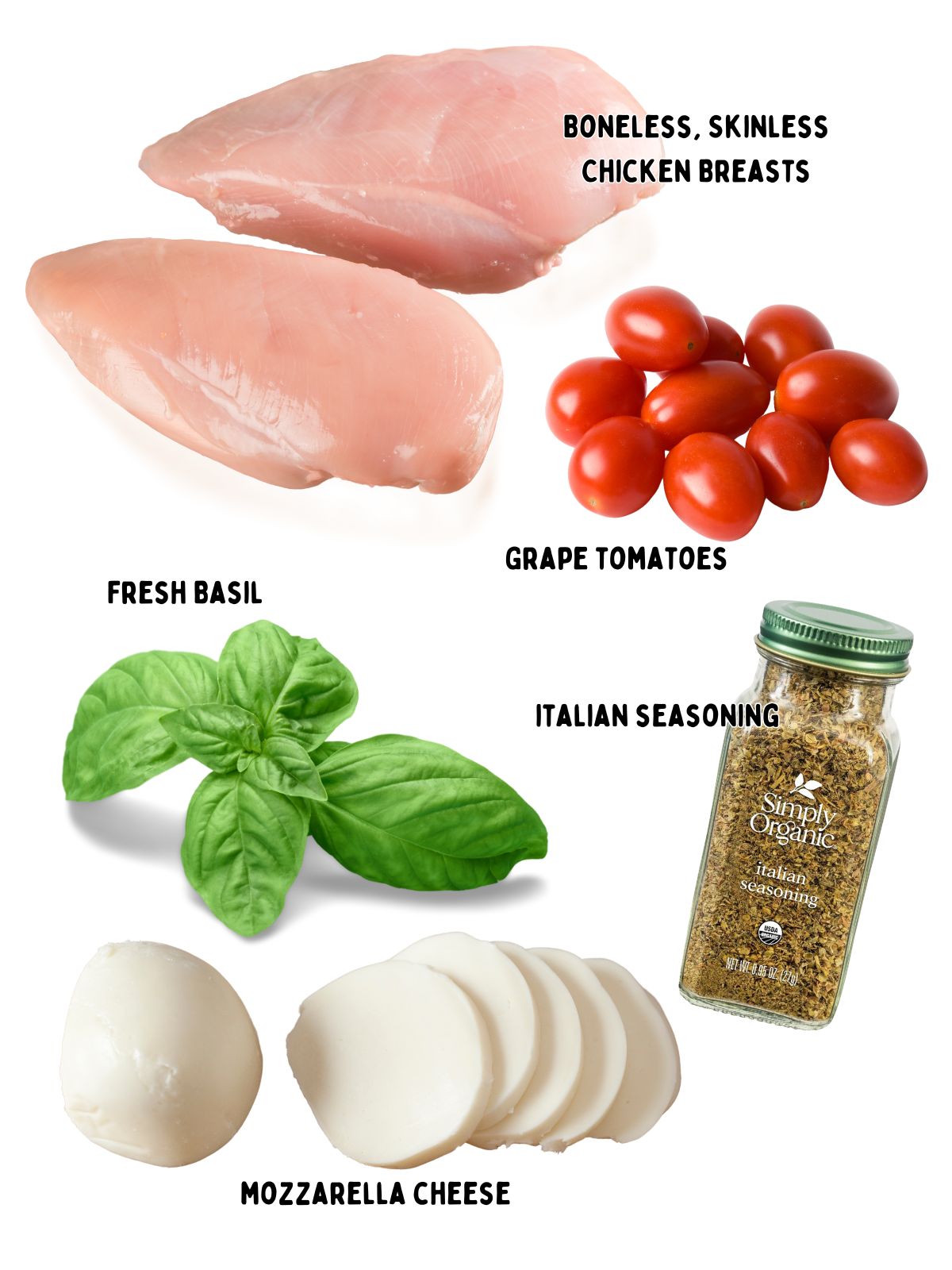 chicken breasts, tomatoes, mozzarella cheese, basil and seasoning mix in bottle.