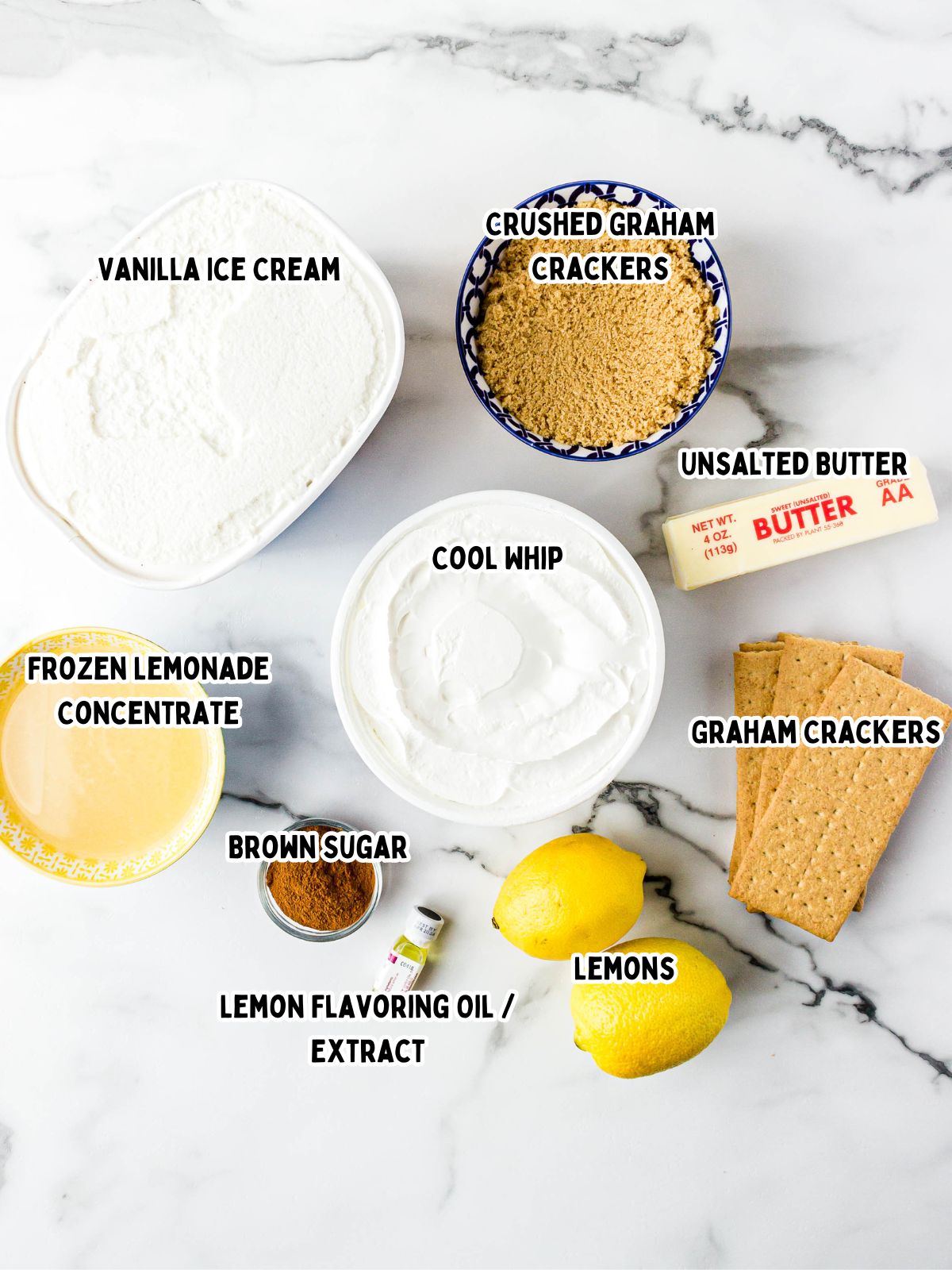 Frozen dessert ingredients, lemons, whipped topping, graham cracker crumbs.