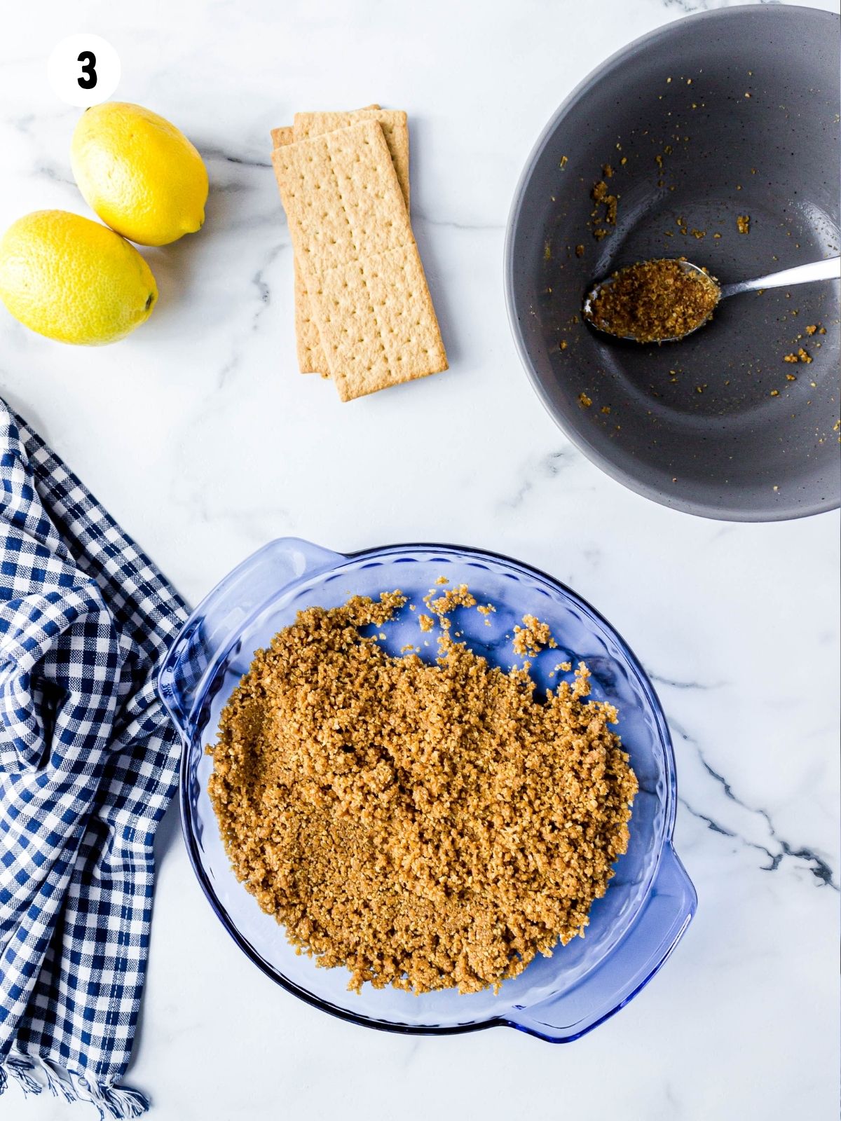 press graham cracker crumbs into bottom of pie plate.