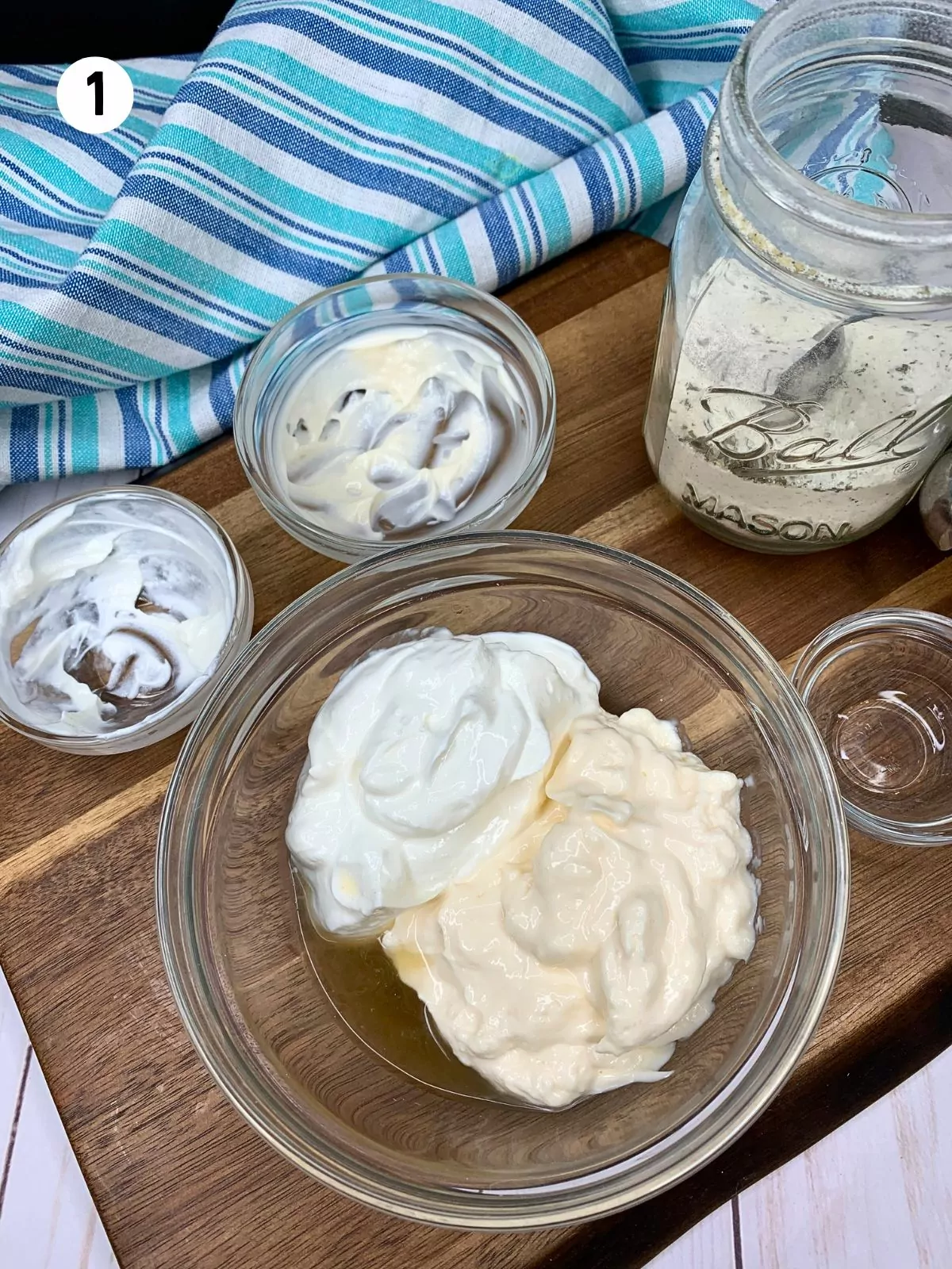 sour cream and mayonnaise in glass bowl.