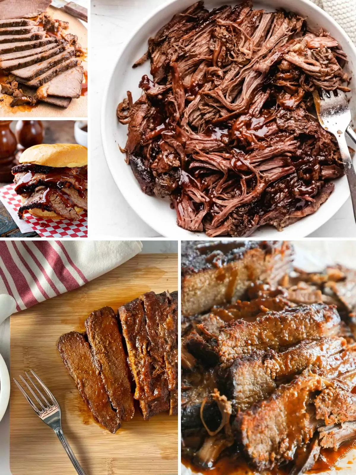 different photos of beef recipes sliced and served.