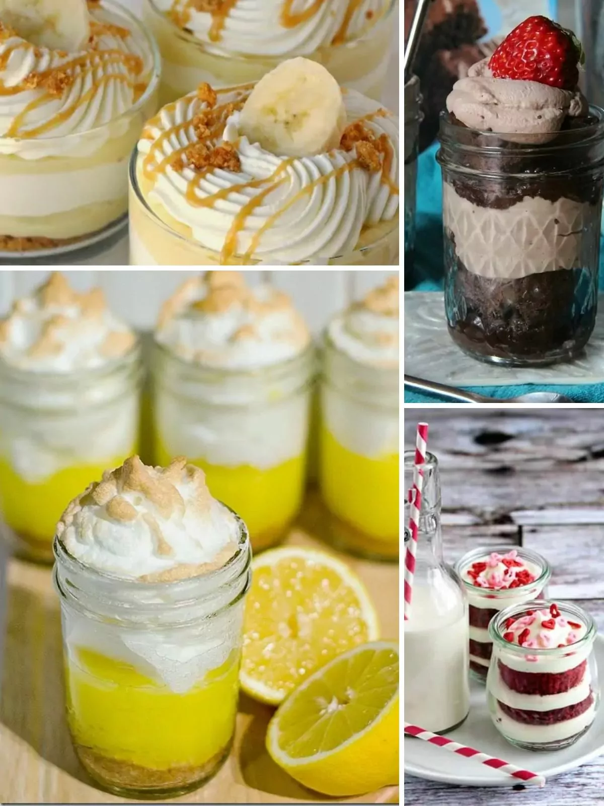 Desserts in Jars with red velvet, chocolate pudding, lemon meringue and banana cream pie.