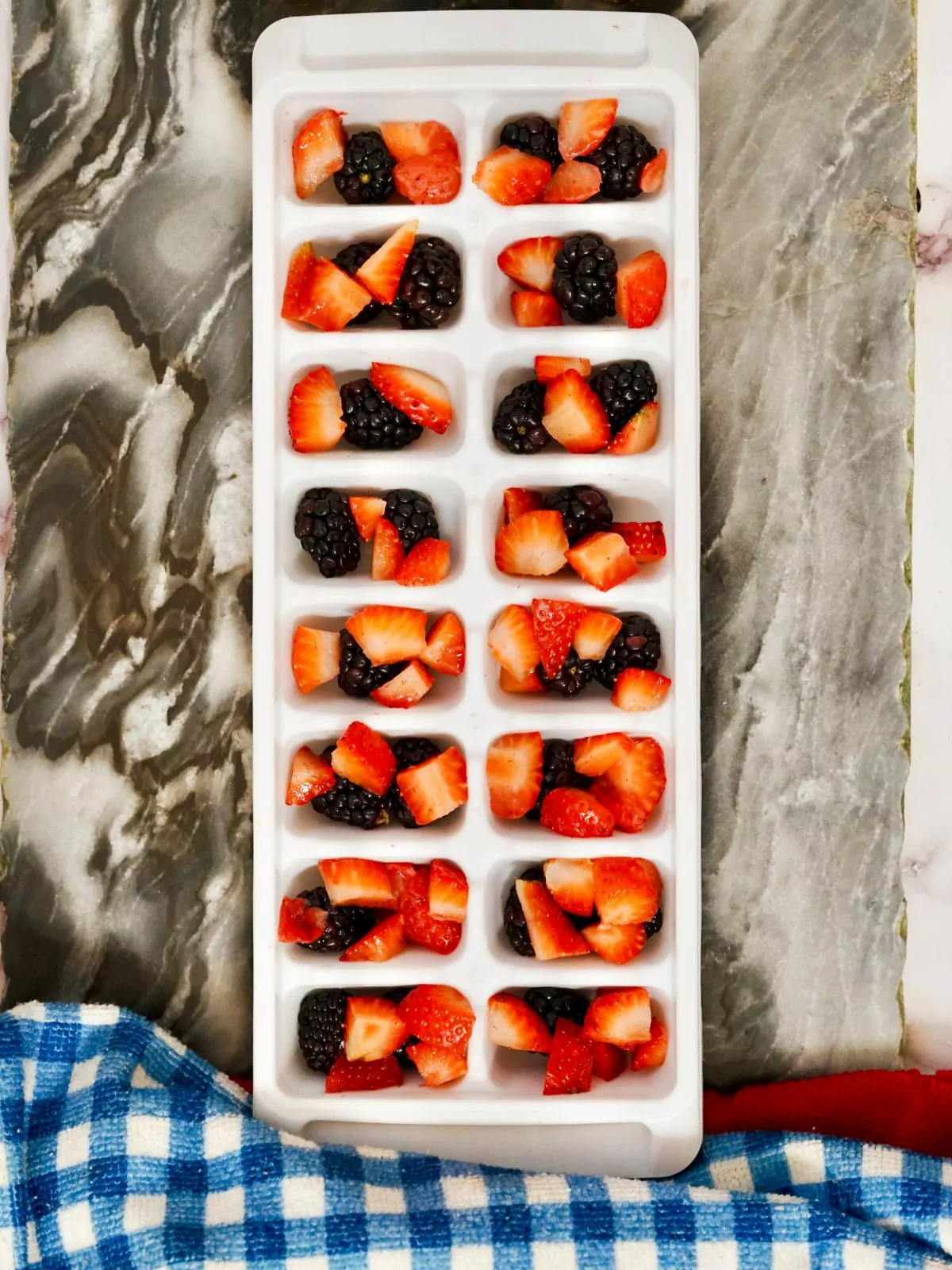 fruit in white ice cube tray.