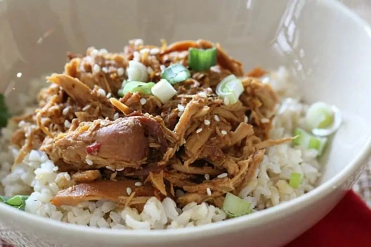 a bowl of Asian chicken over rice.