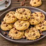 gray plate of Chocolate Chip Pudding Cookies piled up