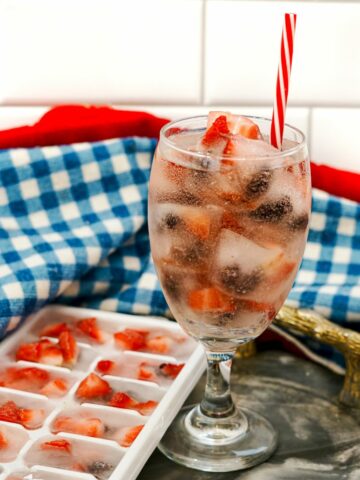 blue gingham cloth with beverage and ice cube tray.