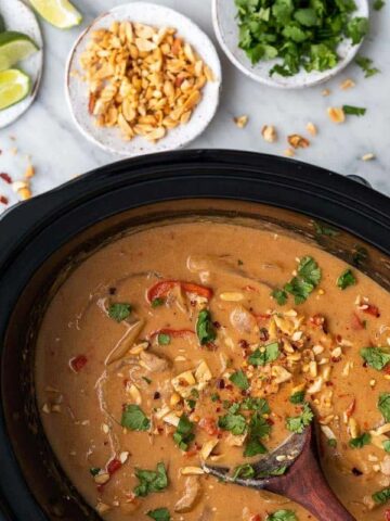 crock pot with chicken. Bowl of rice and toppings to the side.