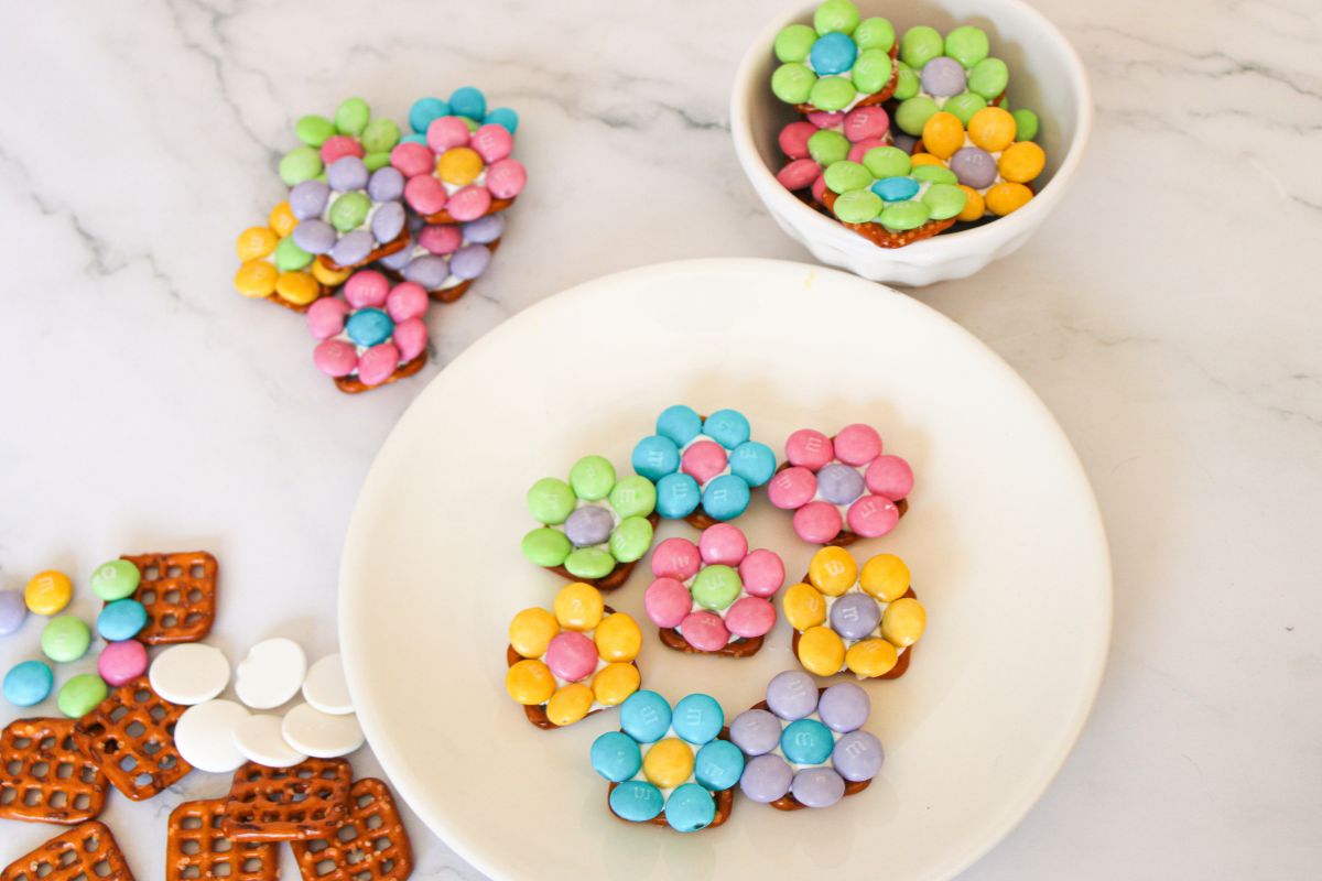 pretzel flowers with M&M's.