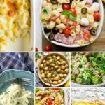 salads, corn, potatoes and broccoli salad for an outdoor holiday barbecue.