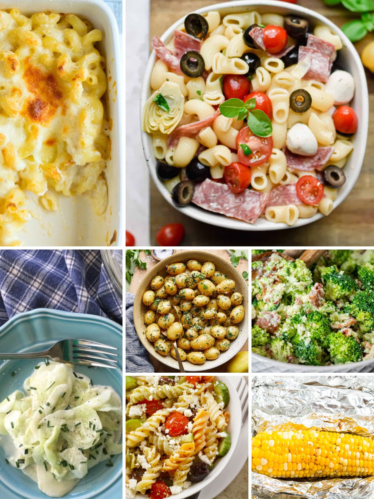 salads, corn, potatoes and broccoli salad for an outdoor holiday barbecue.
