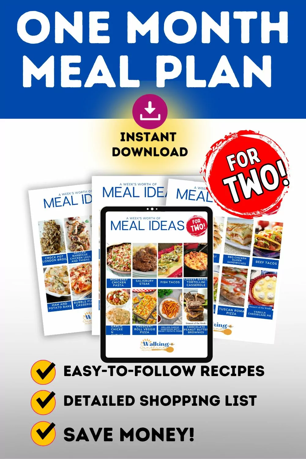 Promo image for a time-saving, budget-friendly meal plan for two people, covering an entire month.