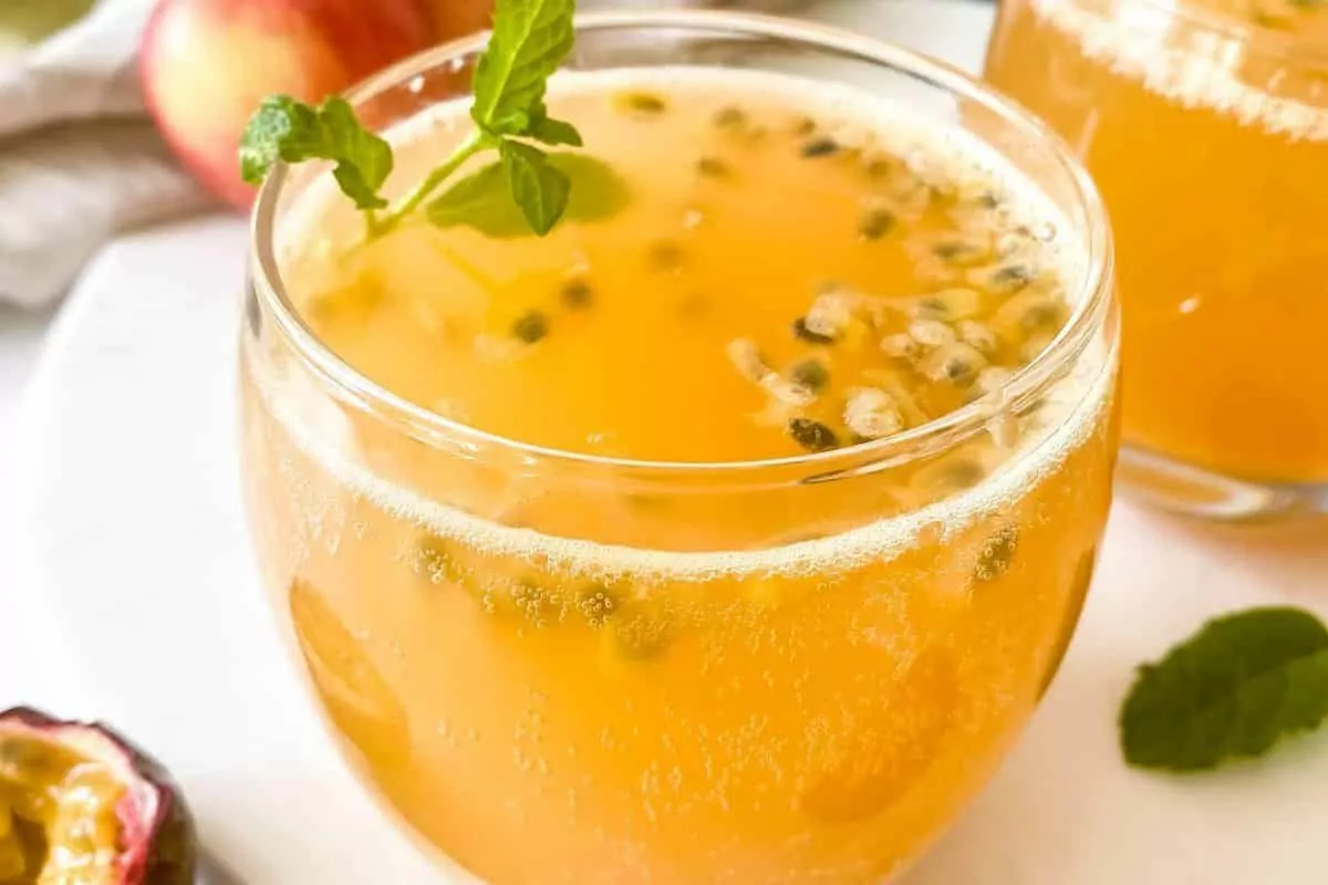 glass of fresh passion fruit mocktail.