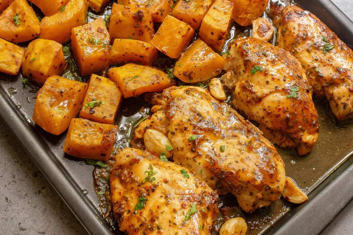baked chicken with squash.