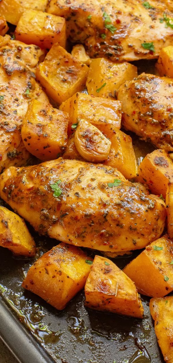 Roasted chicken breasts with butternut squash on sheet pan in garlic mustard sauce Pinterest.