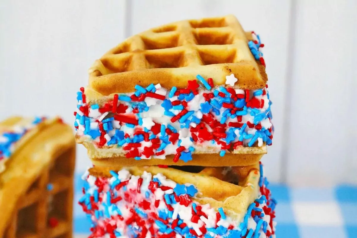 Waffle Ice cream sandwiches with patriotic sprinkles