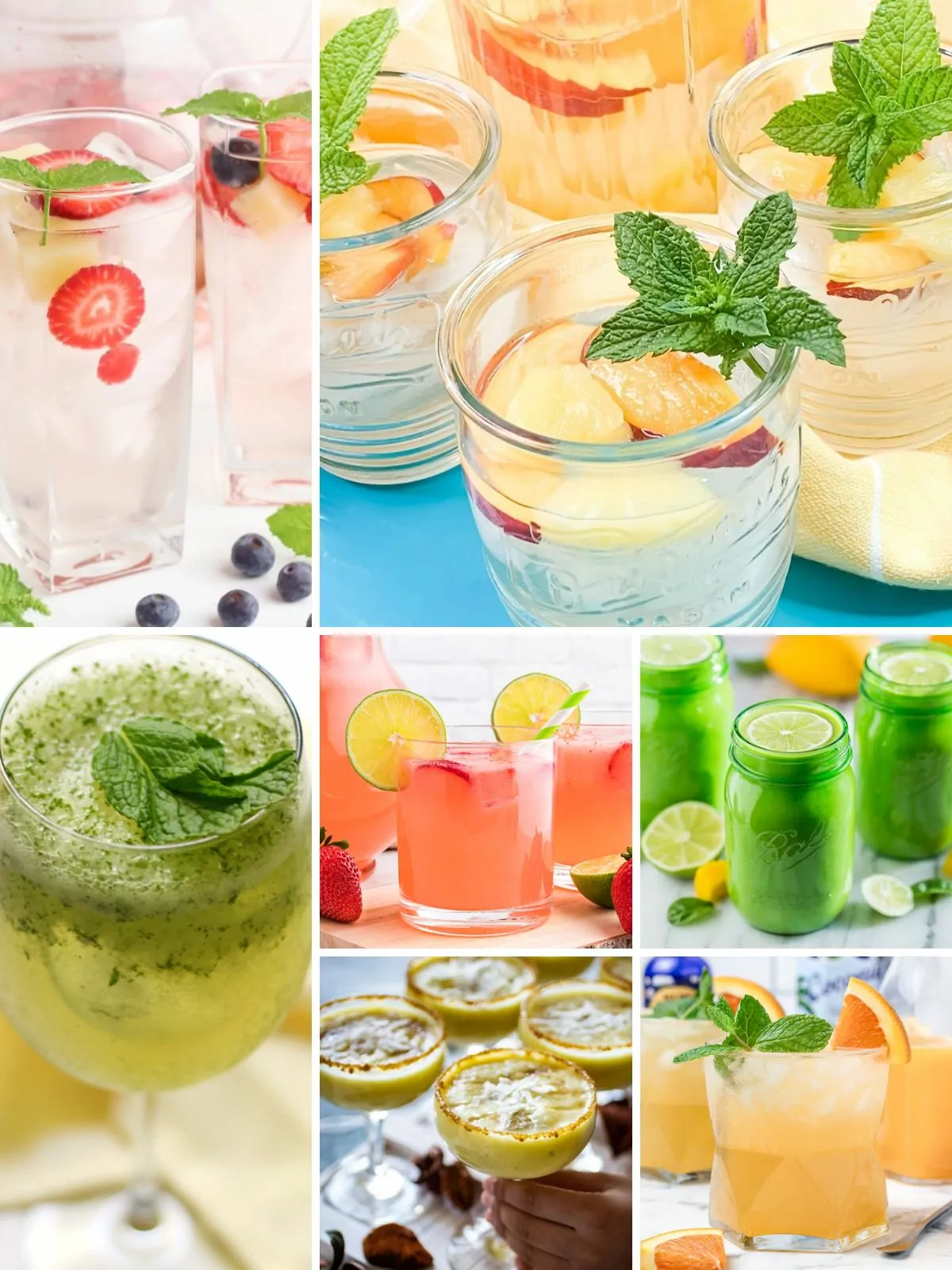 A colorful assortment of non-alcoholic beverages in various glasses, showcasing vibrant hues from fresh fruits, herbs, and garnishes like citrus slices and mint sprigs.