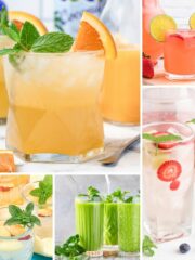 A close-up shot of a variety of non-alcoholic coconut water beverages, showcasing vibrant colors and garnishes.