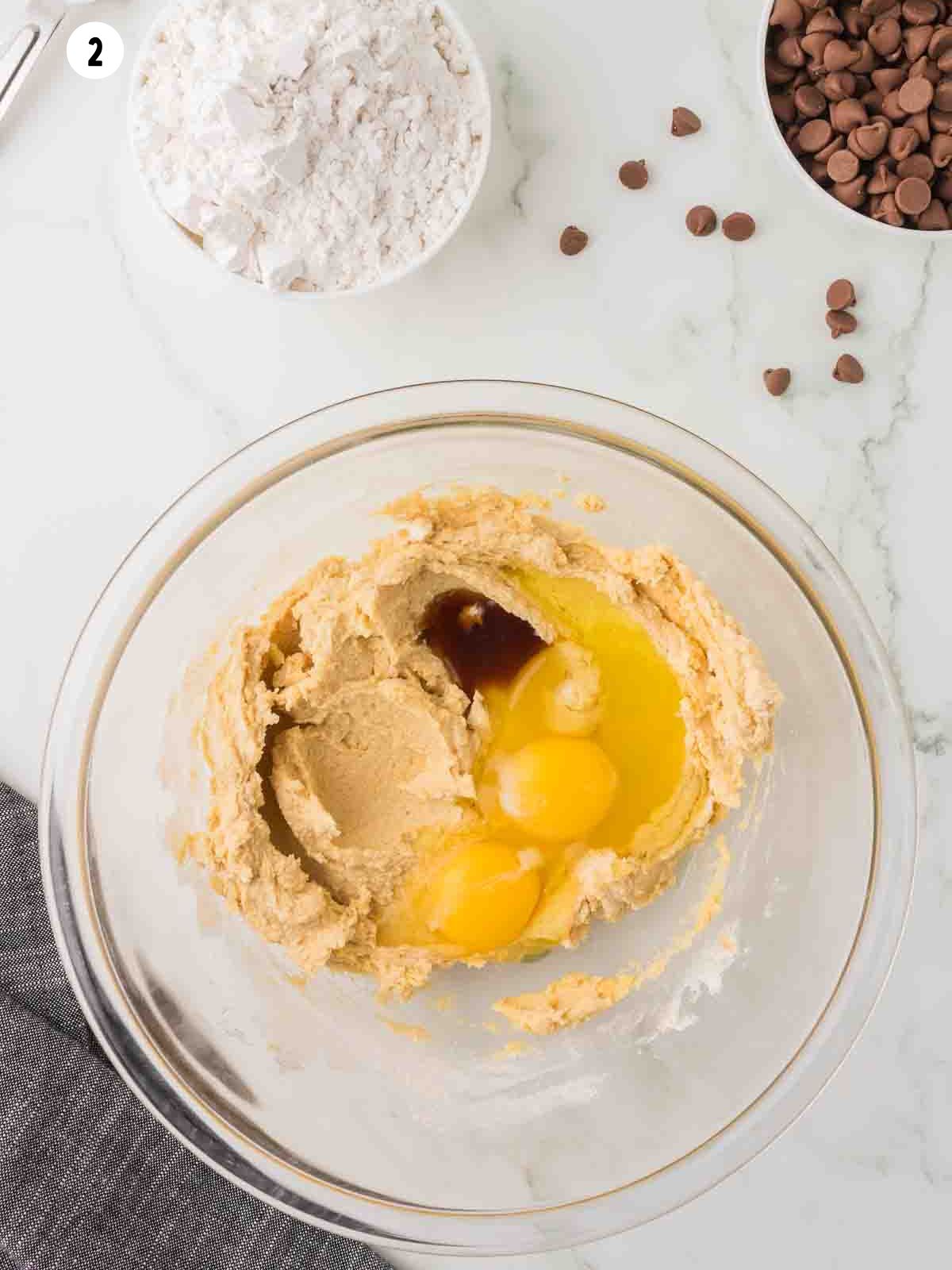 eggs and vanilla added to the mixing bowl