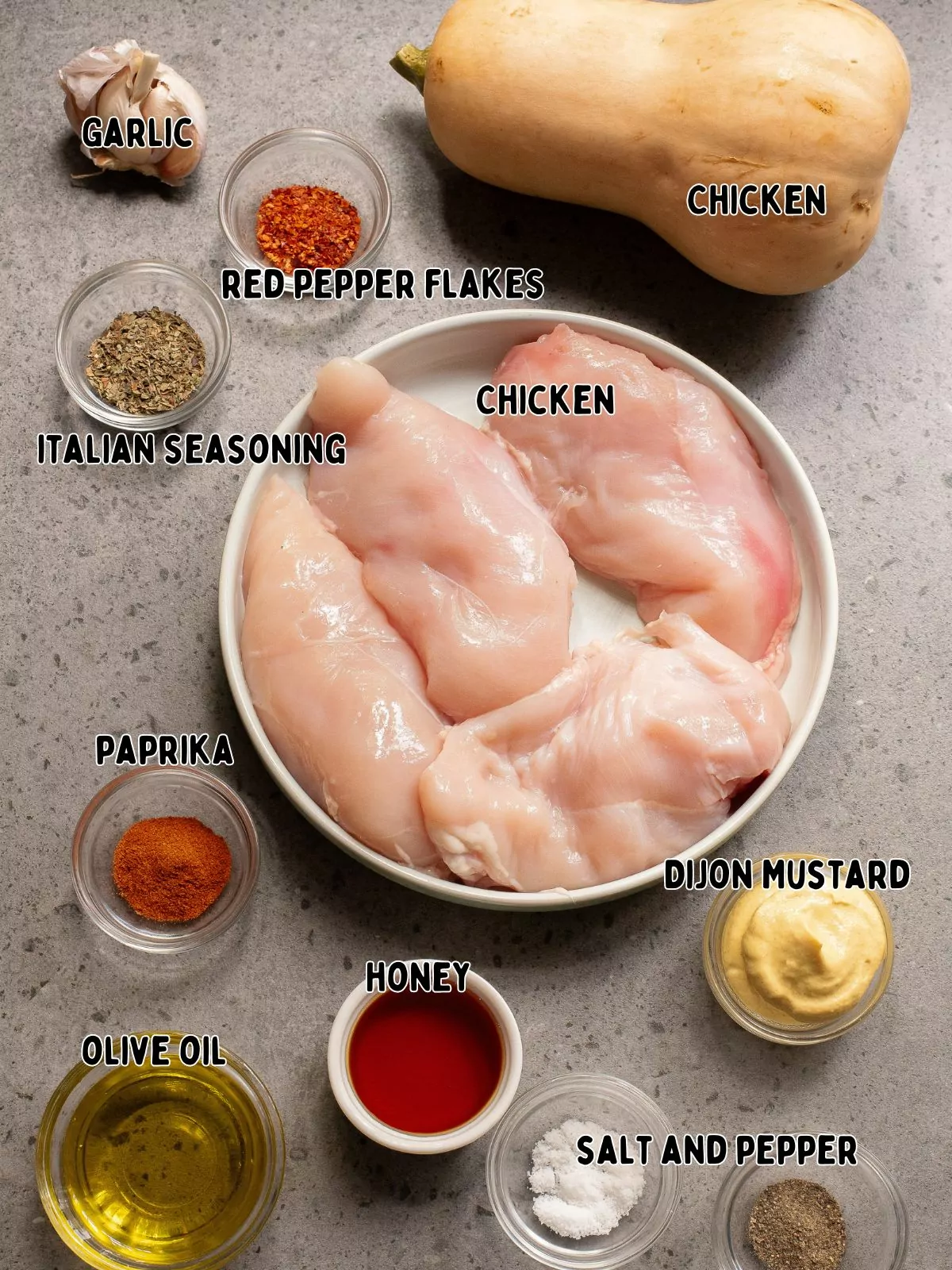 ingredients of chicken, butternut squash, mustard, olive oil and more.