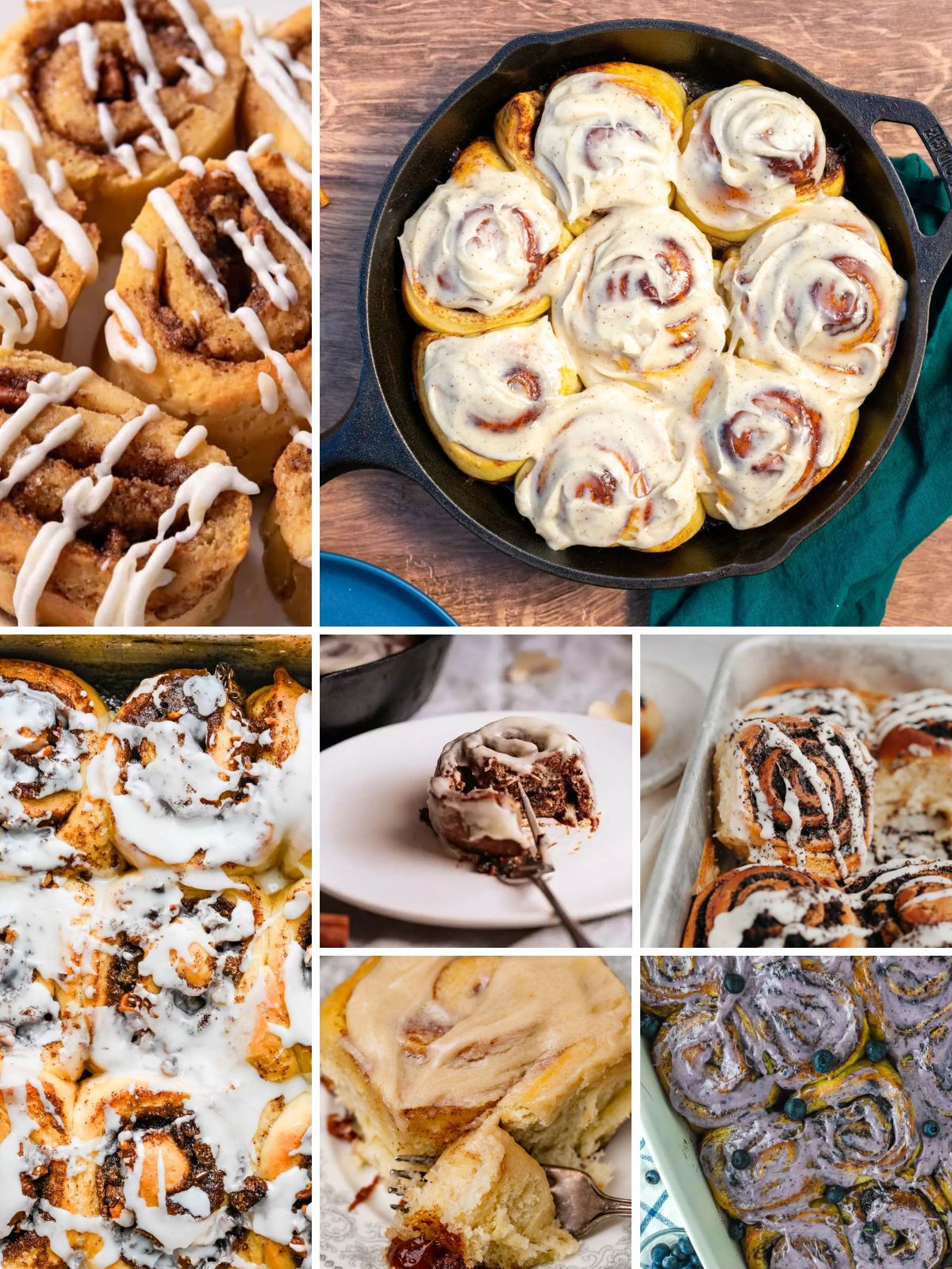 A collage showcasing 7 enticing overnight cinnamon roll recipes, featuring diverse flavors and toppings.