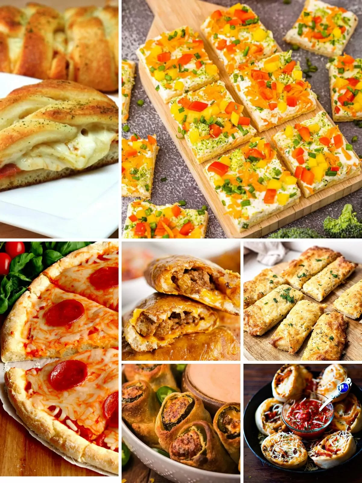 Assortment of creative snacks and appetizers made with Pillsbury pizza dough, including pinwheels, and breadsticks.