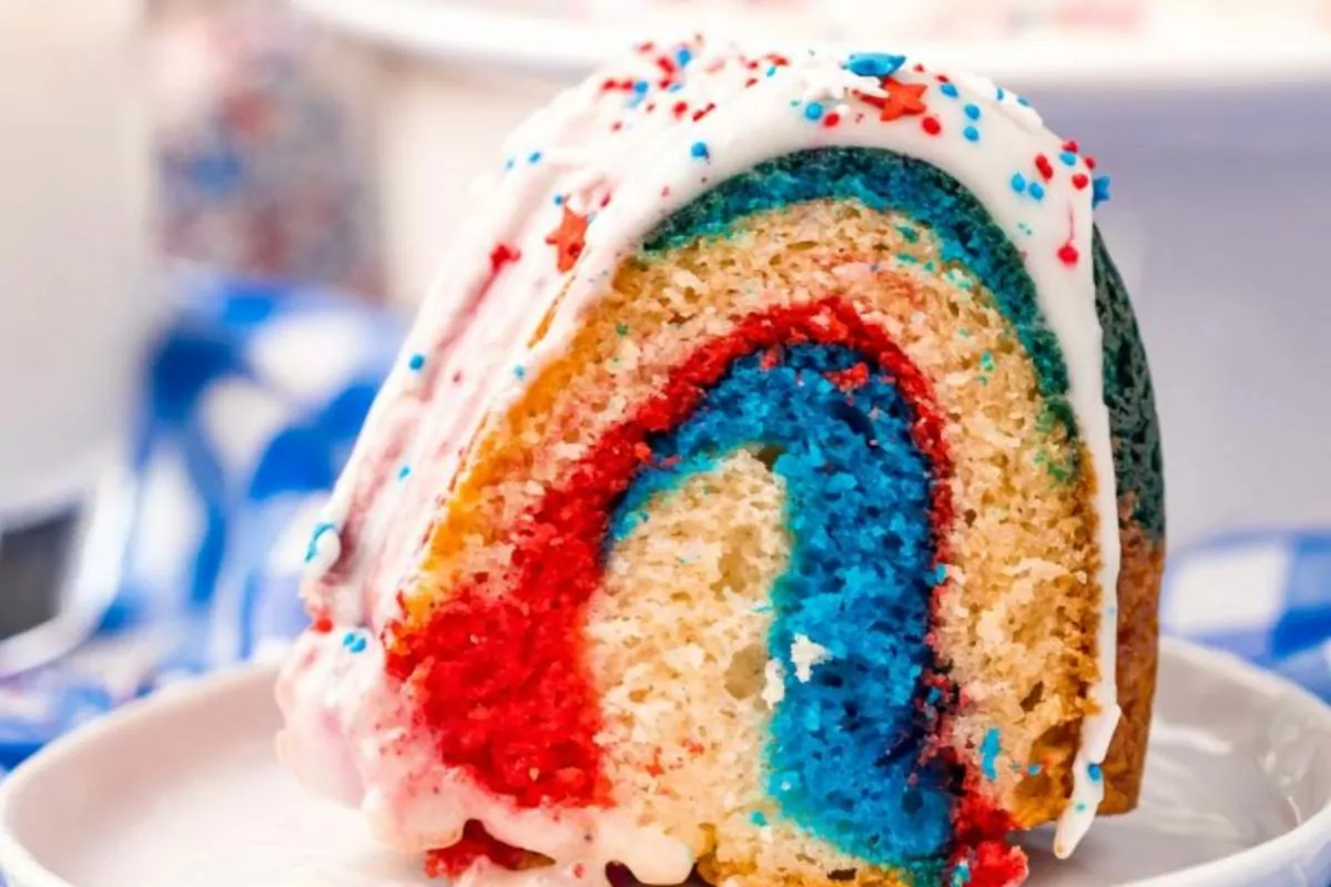 One piece of marbled cake decorated with Patriotic colors.