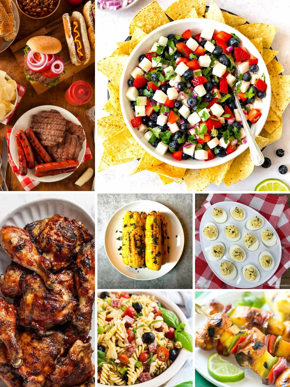 A colorful spread of festive American dishes for the 4th of July, including burgers, hot dogs, pasta salad, and grilled corn on the cob.