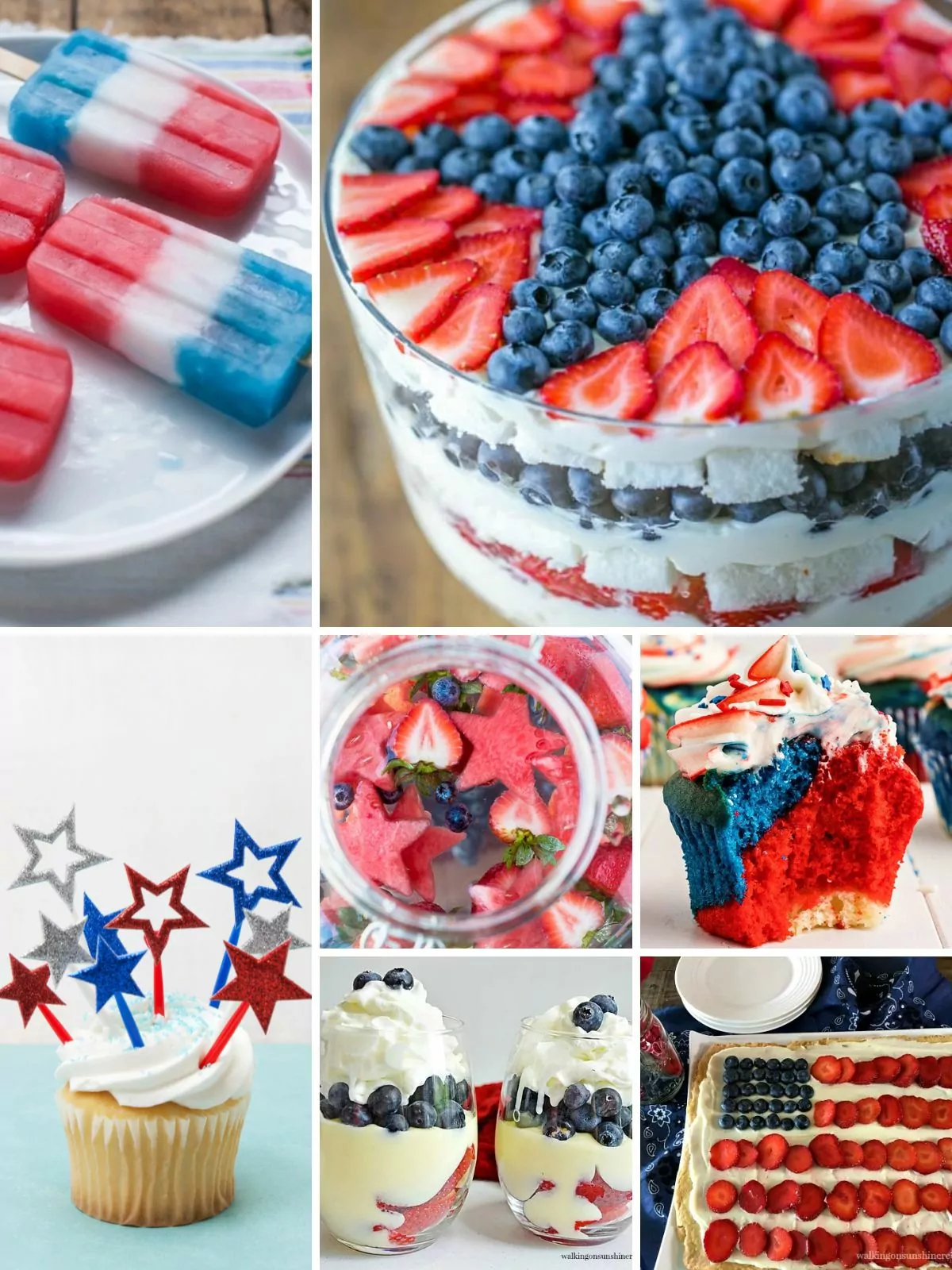A selection of festive red, white, and blue desserts arranged on a table decorated for the 4th of July, including cupcakes, cookies, and fruit.