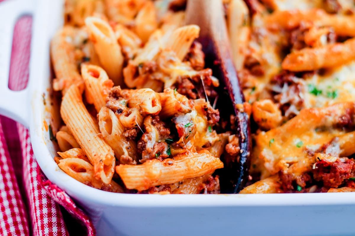 Baked Ziti in casserole dish.