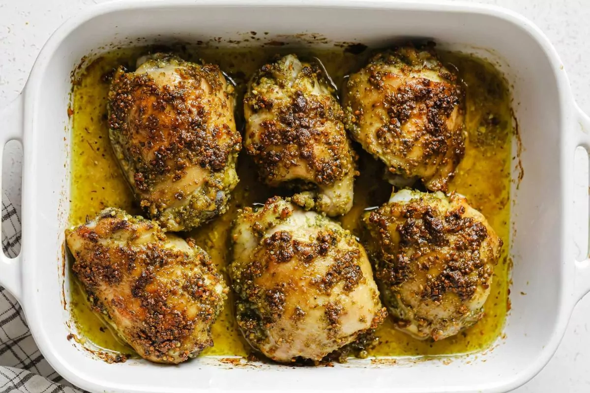 Baked Pesto Chicken Thighs by Laura Fuentes