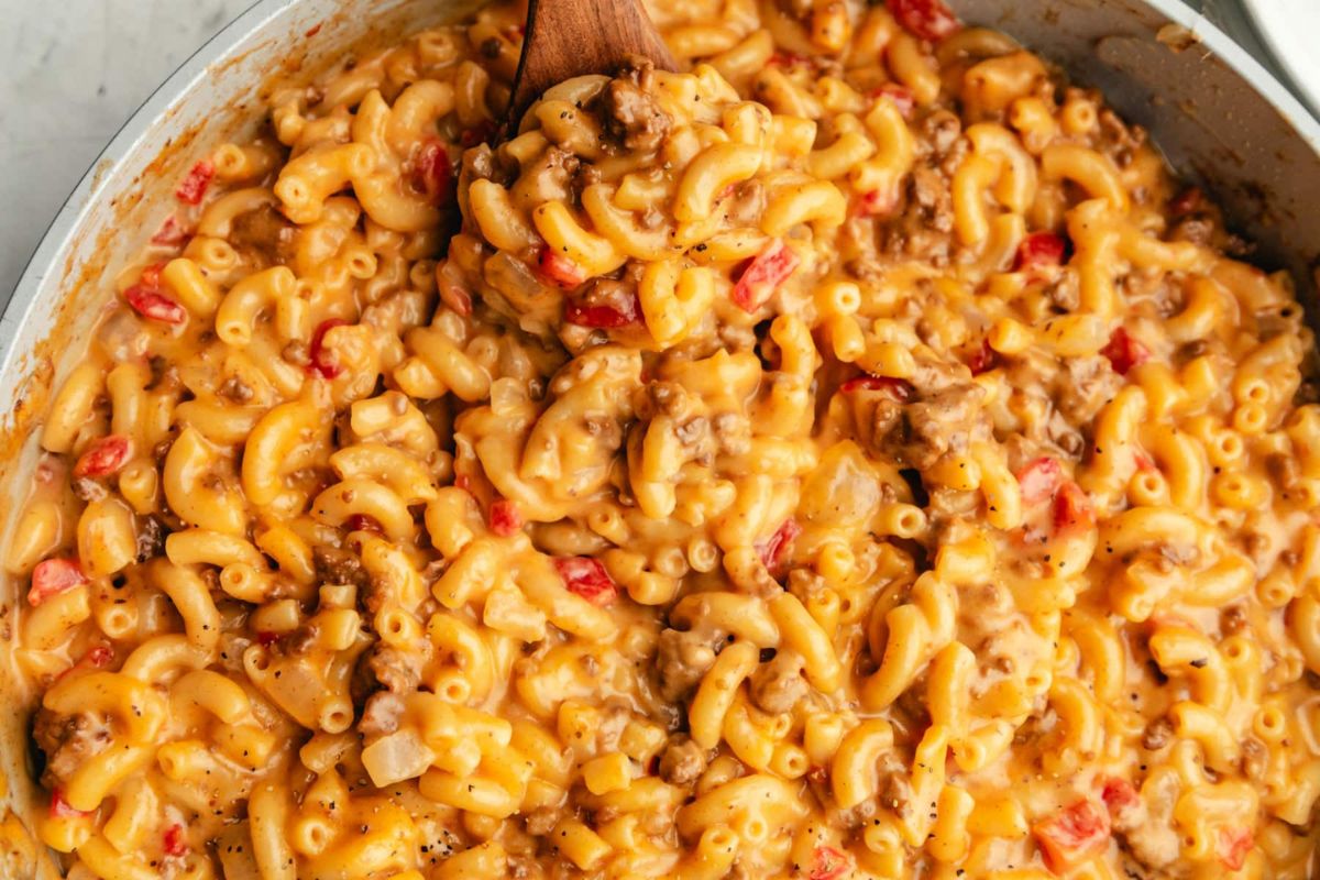 elbow macaroni casserole with beef and tomatoes.