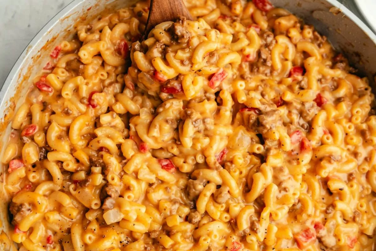 elbow macaroni casserole with beef and tomatoes.