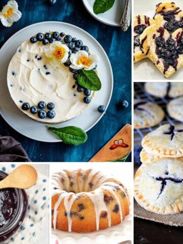 square photo of desserts featuring blueberries.