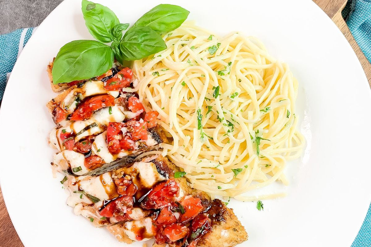 Caprese chicken with pasta.