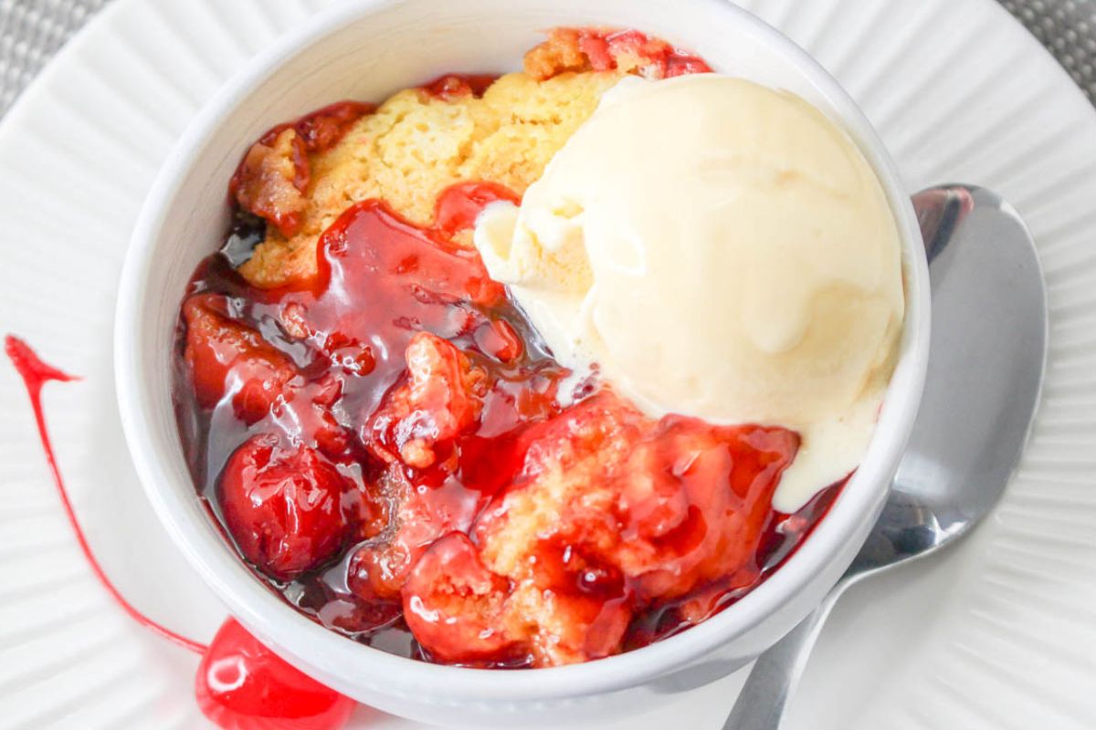cherry dump cake with vanilla ice cream.
