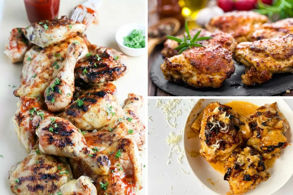 3 different chicken thighs and legs recipes photo collage.