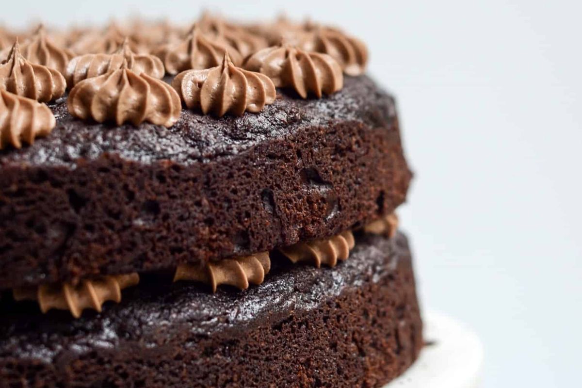 layered chocolate cake with frosting.