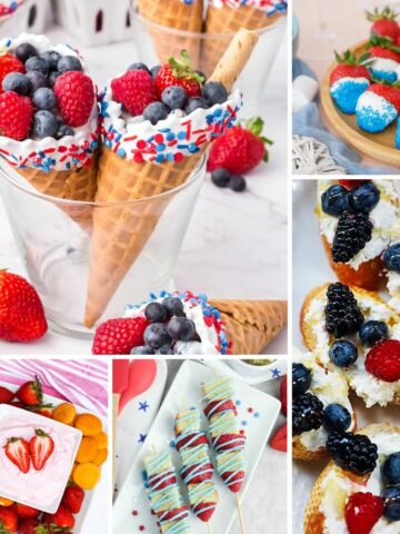 A collage showcasing a variety of fruit appetizer ideas for your patriotic party.