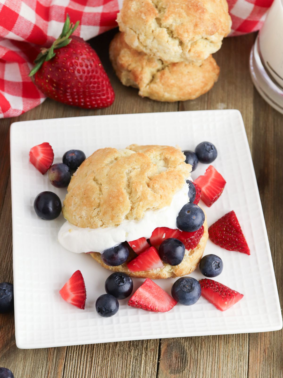Traditional Strawberry Shortcake served on a white square plate