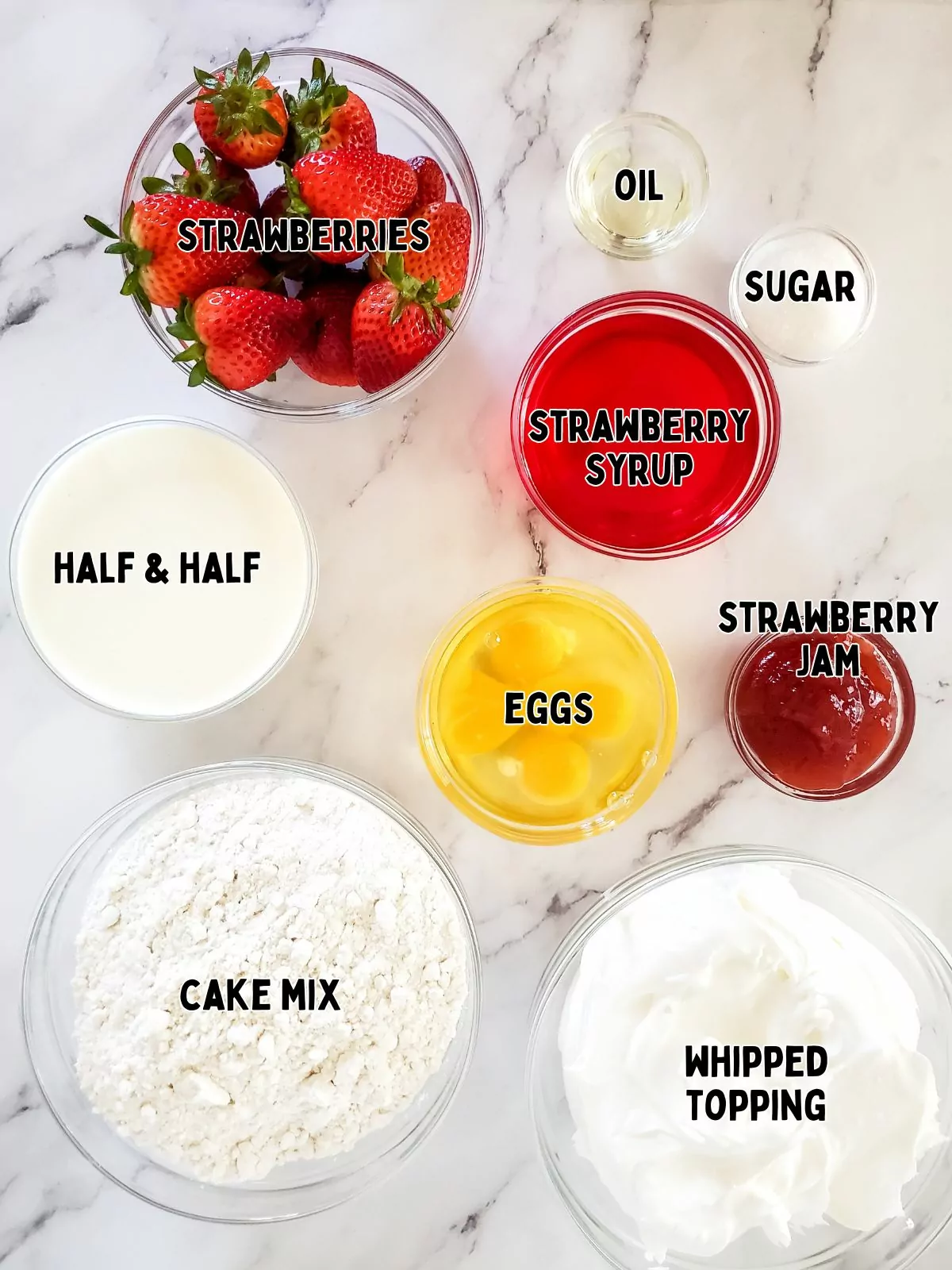 Ingredients to make strawberry poke cake
